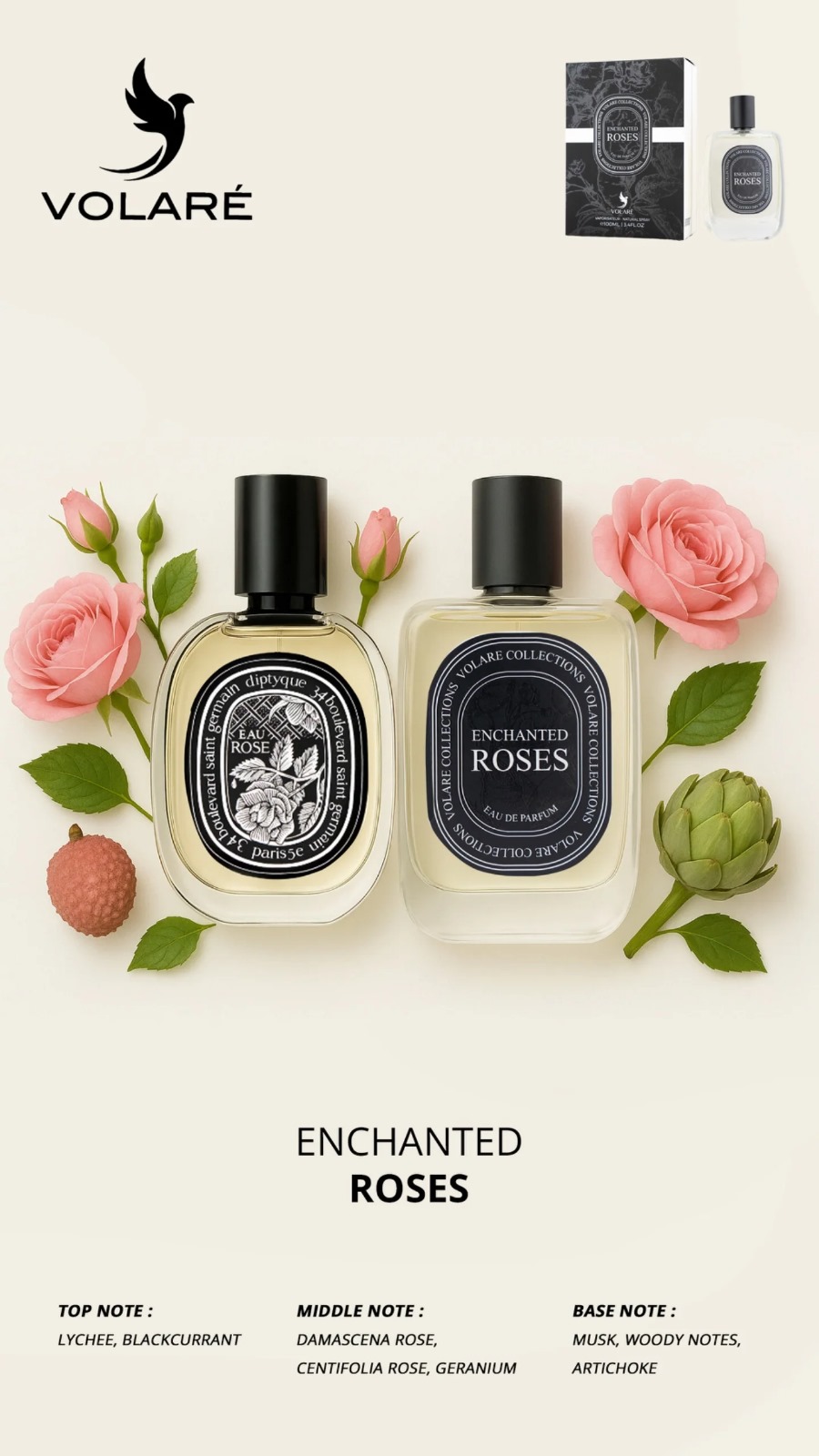 Enchanted Roses Volare Collections בהשראת Eau Rose Diptyque בושם לאישה | 100 מ"ל או דה פרפיום – תמונה 2